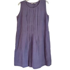 0039 Italy Dress‎ Womens Large Blue Linen Sleeveless Pintuck Pleated Shift